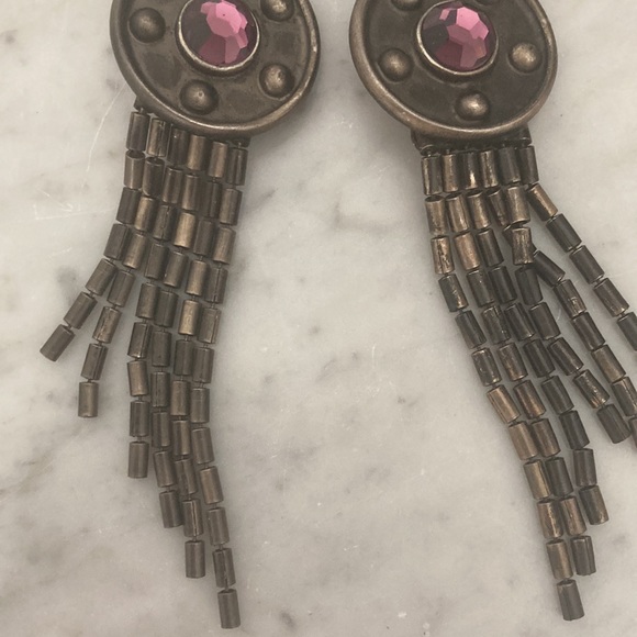 Ben-Amun Vintage Bronze Long Earrings Clip On Purple Stone - Picture 4 of 7